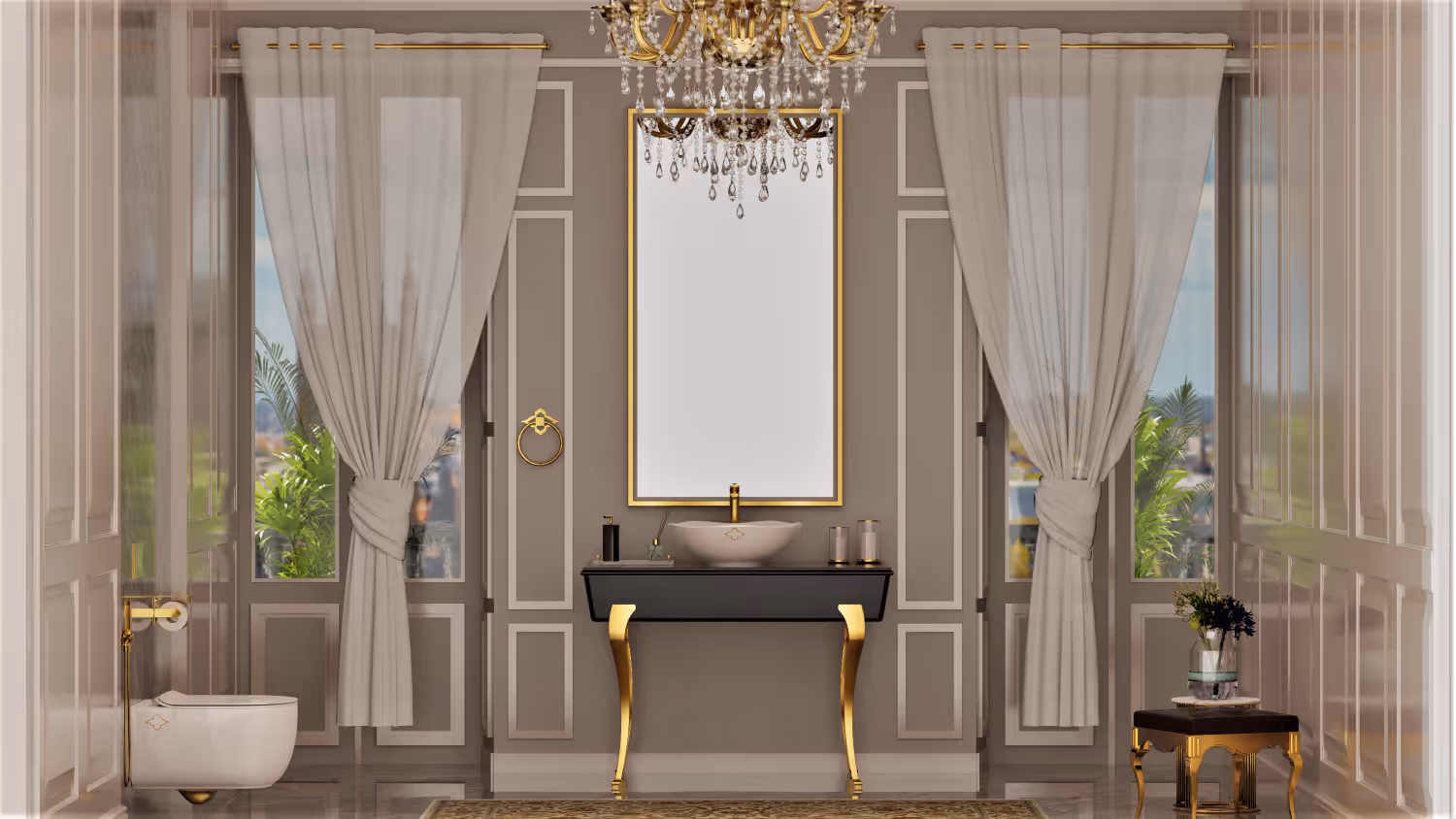 Ornate bathroom with gold-legged vanity, vessel basin, gilt mirror and crystal chandelier