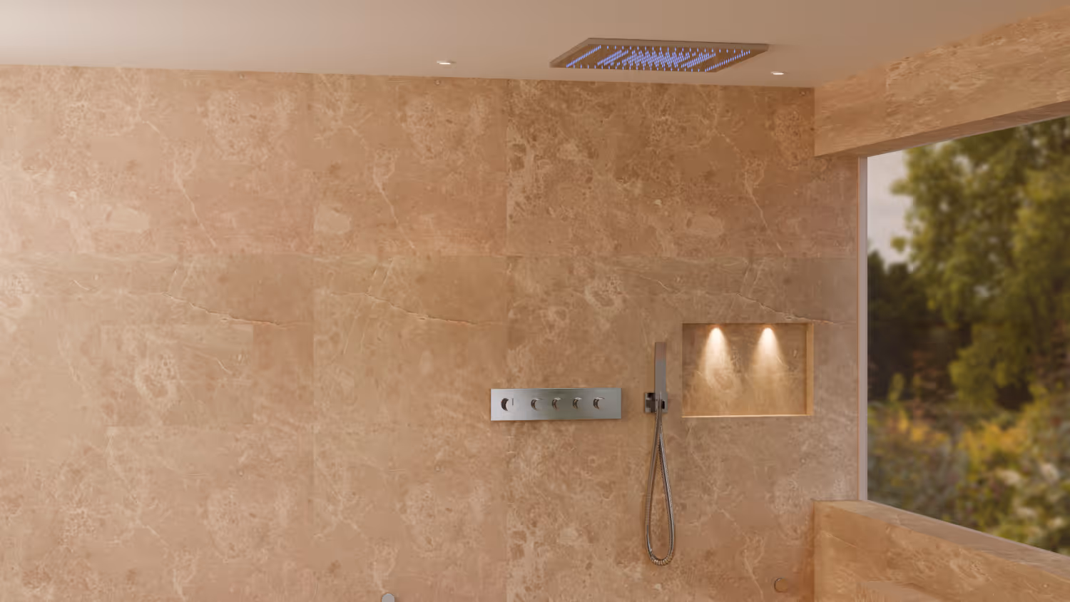 Travertine shower with ceiling rain showerhead, chrome thermostatic controls and lit niche