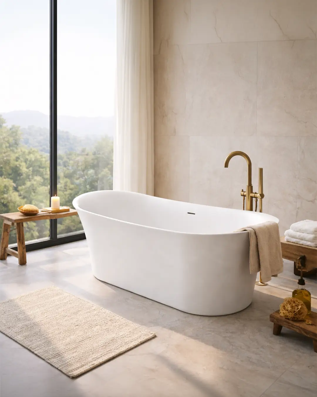 White freestanding oval bathtub with gold floor-standing tap beside a window with green hills