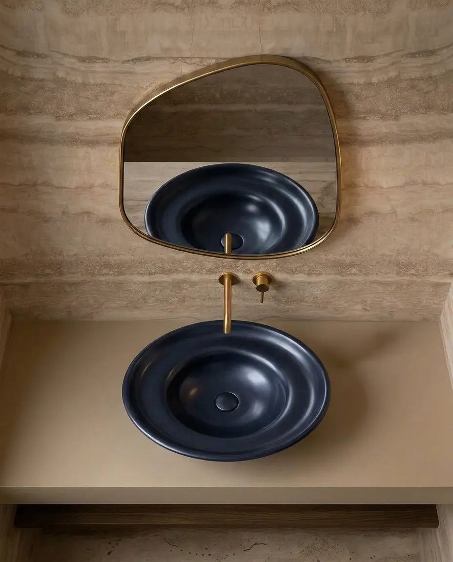 Navy oval vessel basin on beige counter with gold wall-mounted tap and gold-framed mirror