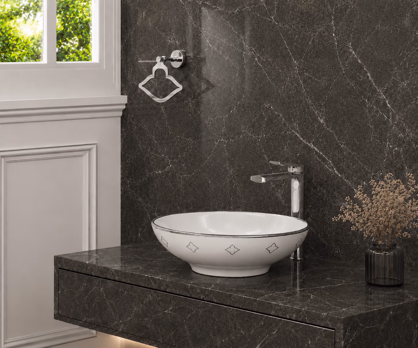 FK01 white oval countertop basin with silver trim and tall chrome mixer on dark marble