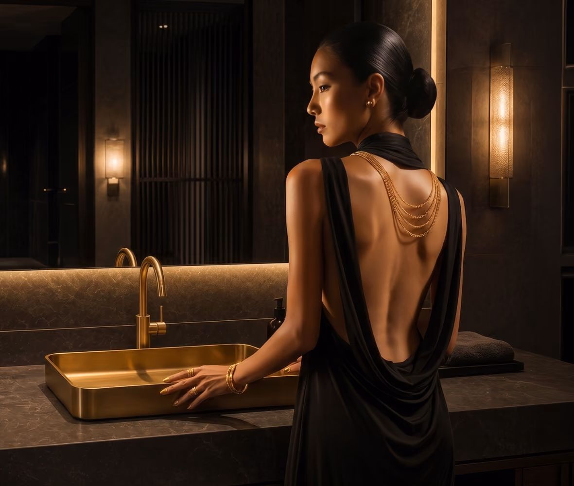 Woman in a black backless gown beside a brushed gold basin in a dark luxury bathroom