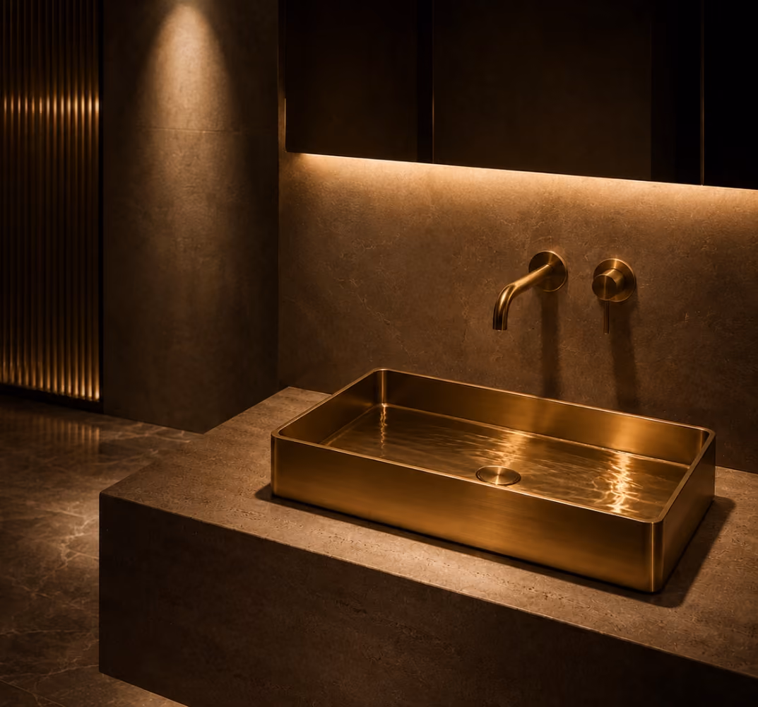 Inox brass rectangular countertop basin with wall-mounted mixer in a warm dark bathroom