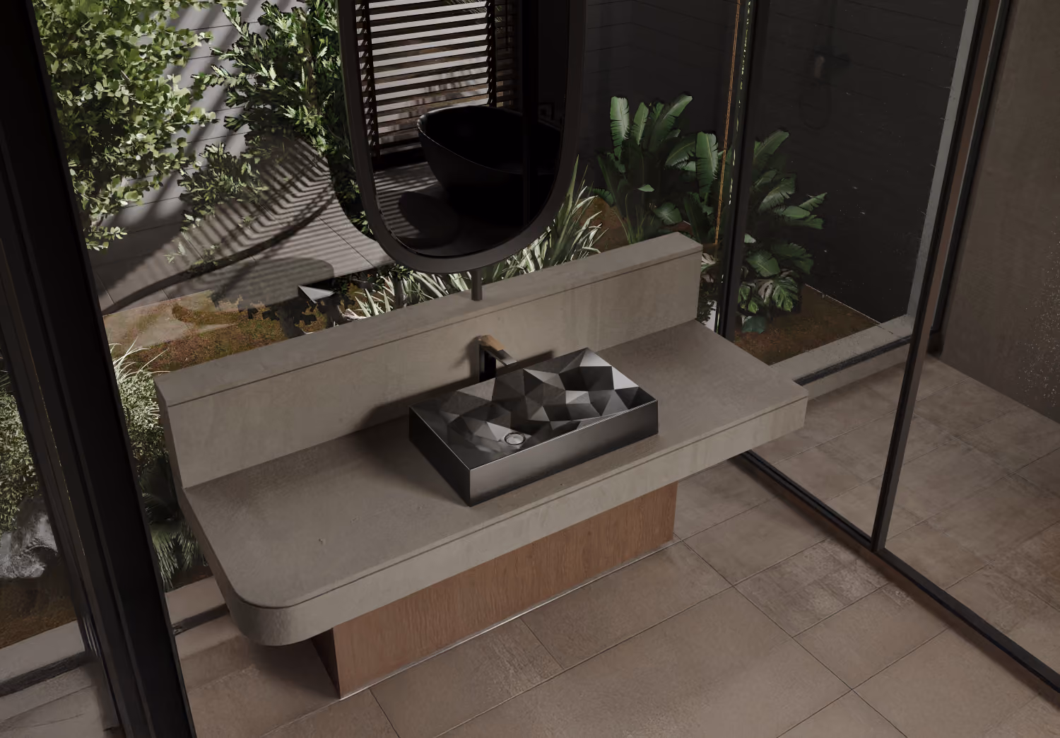 Kristall dark faceted rectangular countertop basin on a stone vanity beside a garden window
