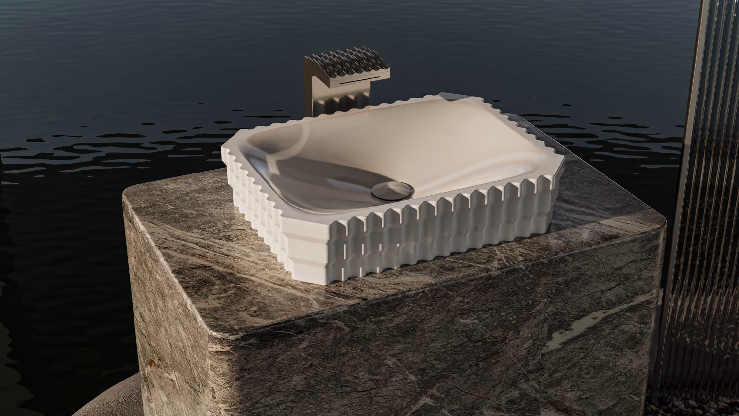 Kristall white ridged rectangular basin on a stone block beside dark water