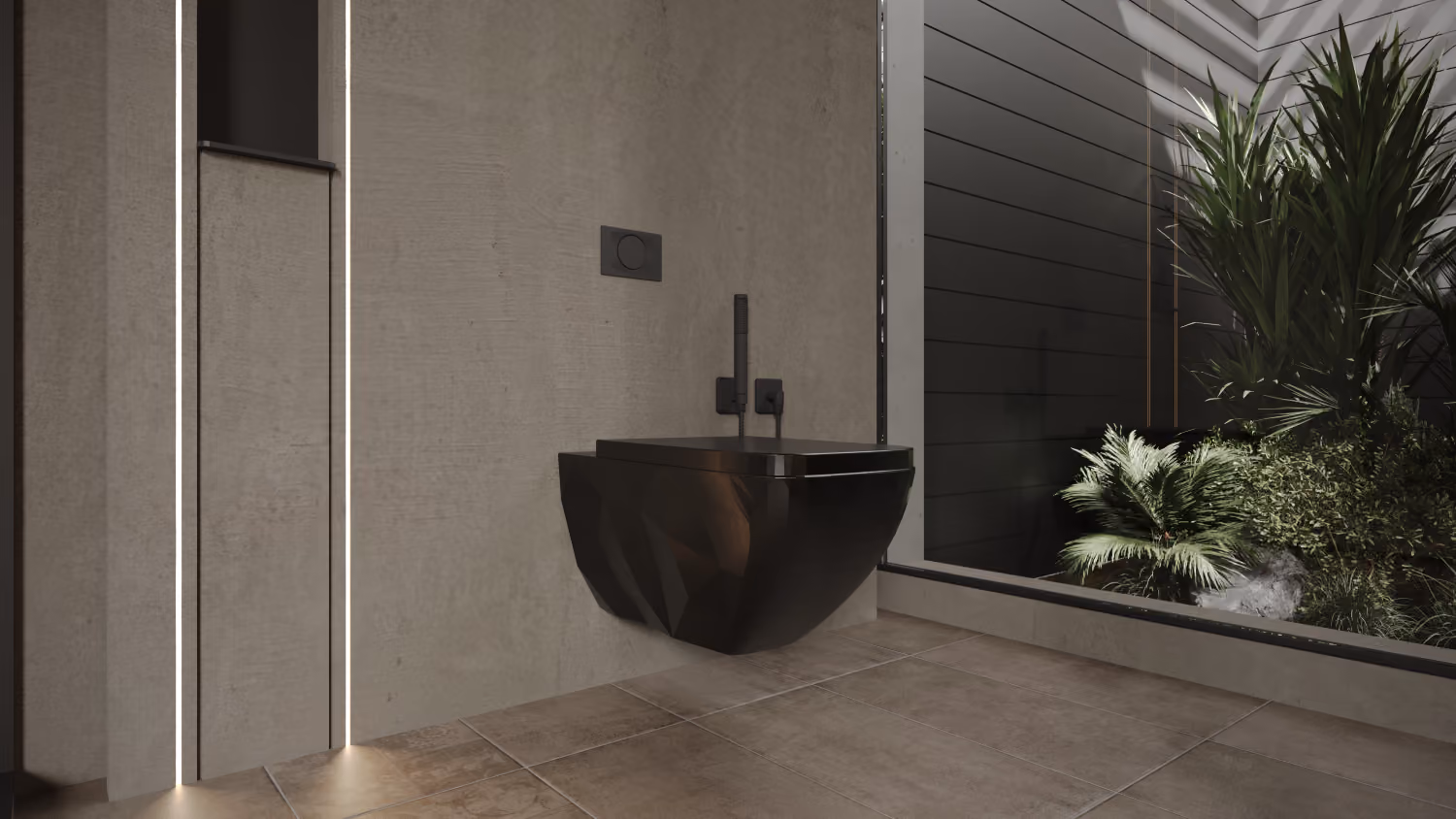 Kristall black wall-hung water closet with concealed flush plate in a concrete bathroom