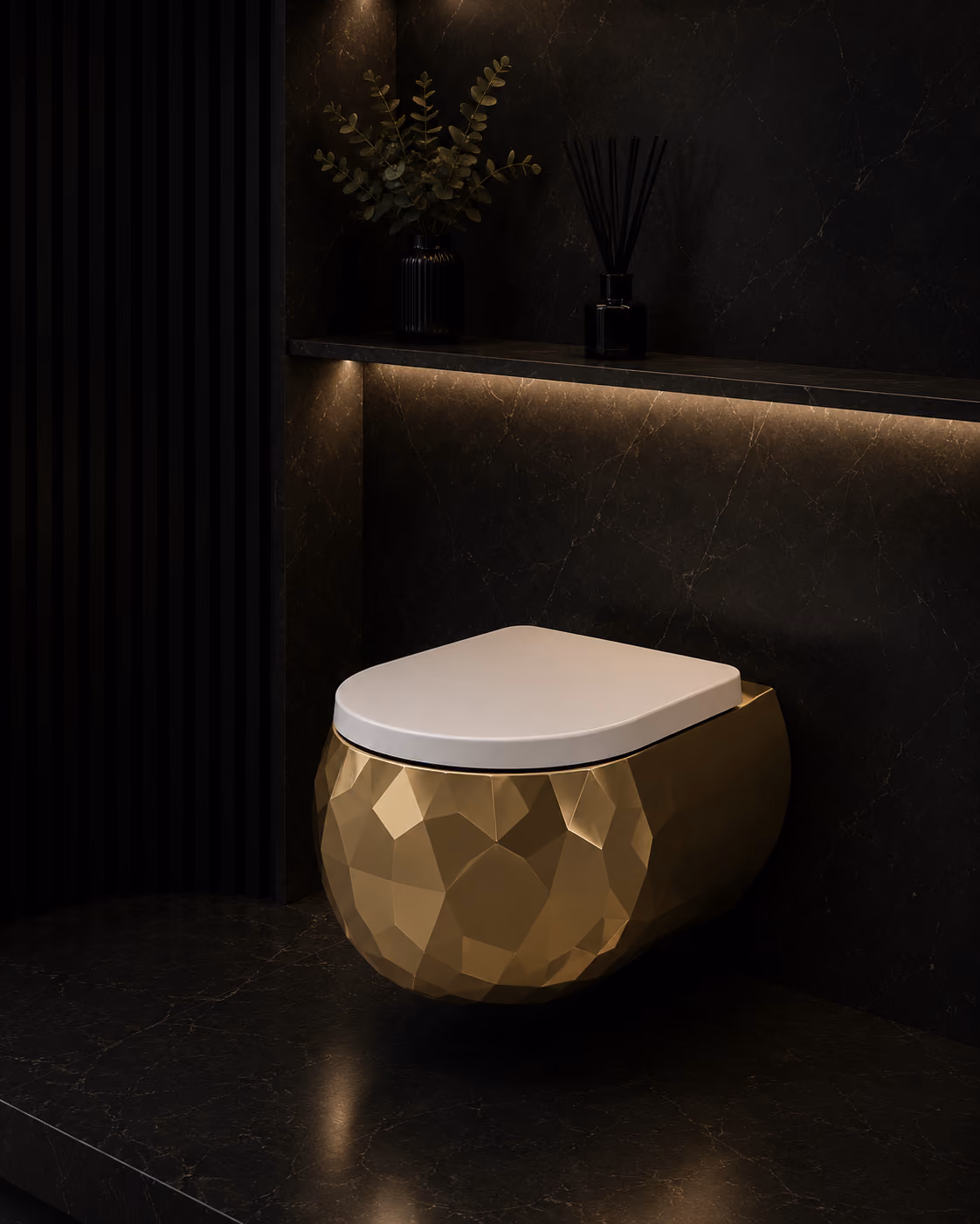 Pent gold faceted wall-hung water closet with white seat on a dark marble ledge