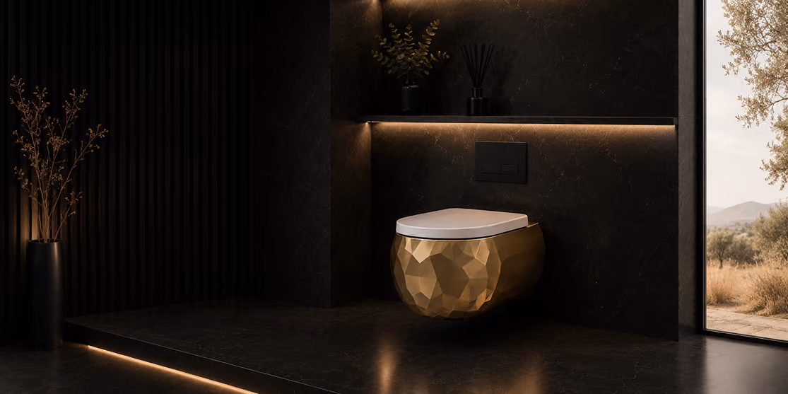 Pent wall-hung water closet in faceted gold with white seat in a dark stone bathroom
