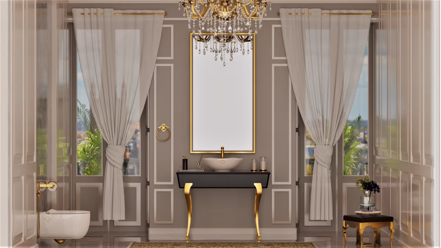 Classical bathroom with chandelier, gold-legged console vanity, tall mirror and draped curtains