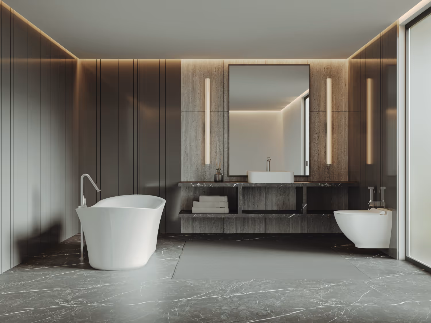 Modern bathroom with white freestanding bathtub, wood panelling and stone vanity