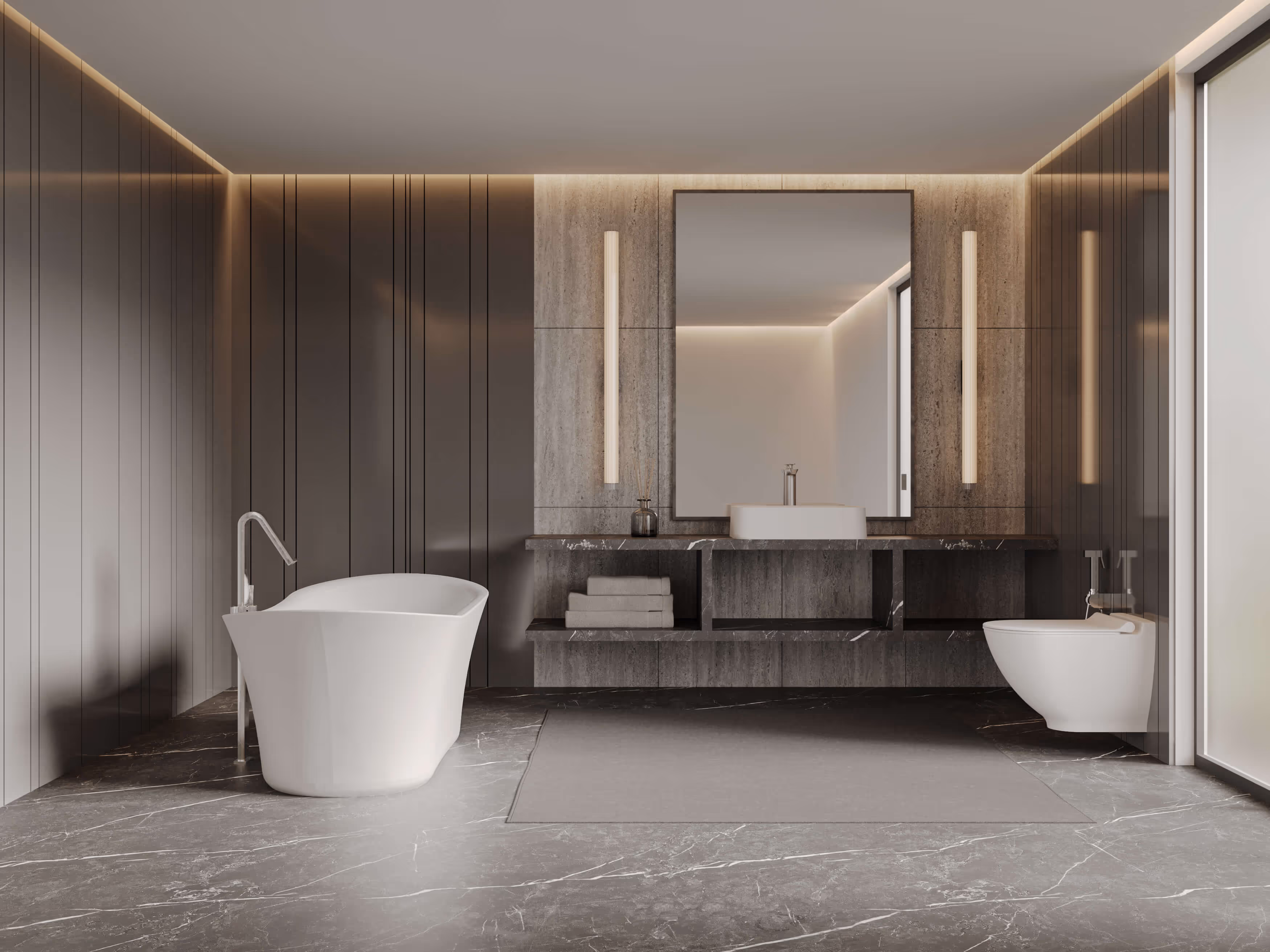 Modern grey bathroom with white freestanding bathtub, wall-hung bidet and mirrored vanity