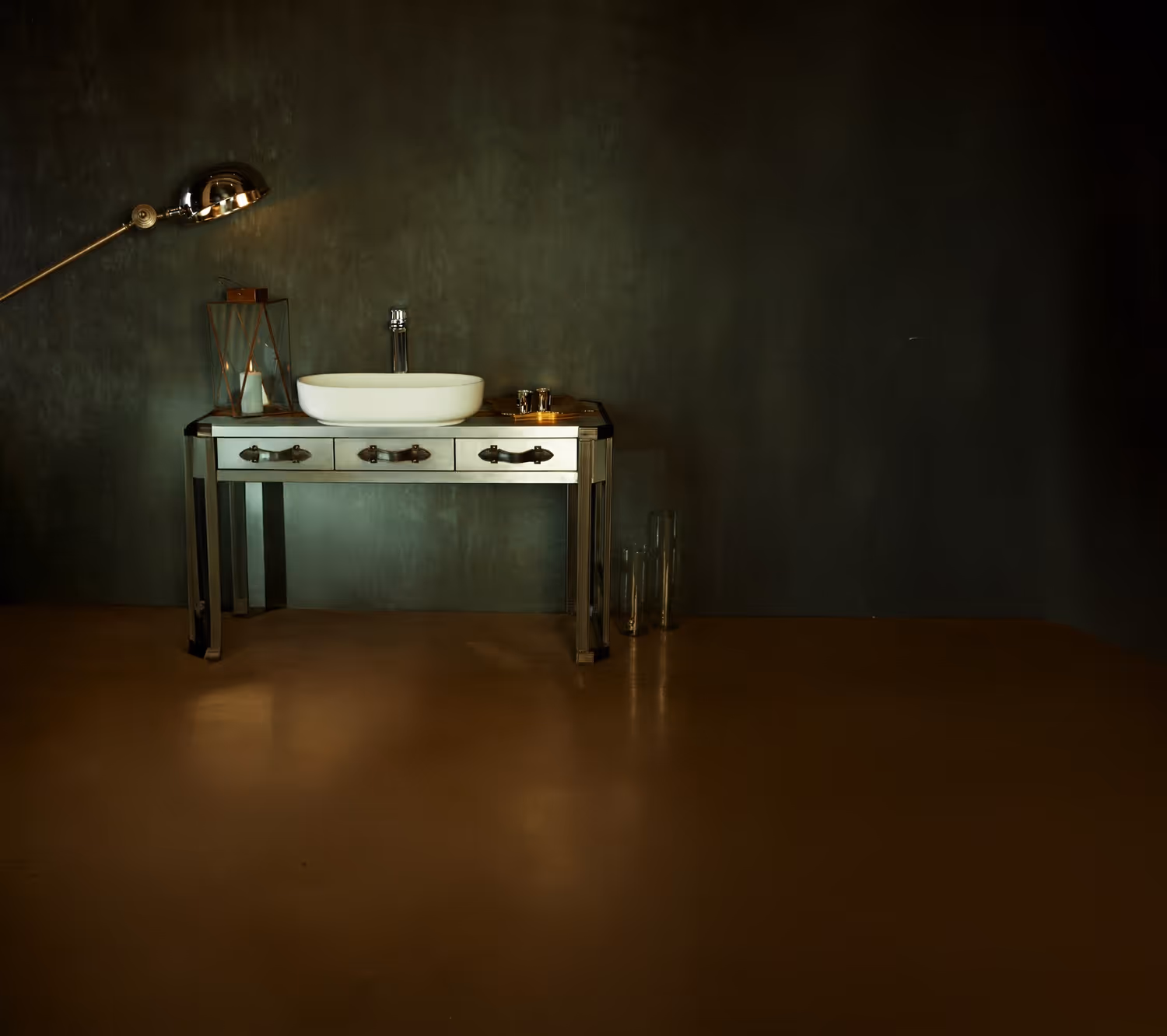 White countertop basin on a vintage console vanity against a dark textured wall