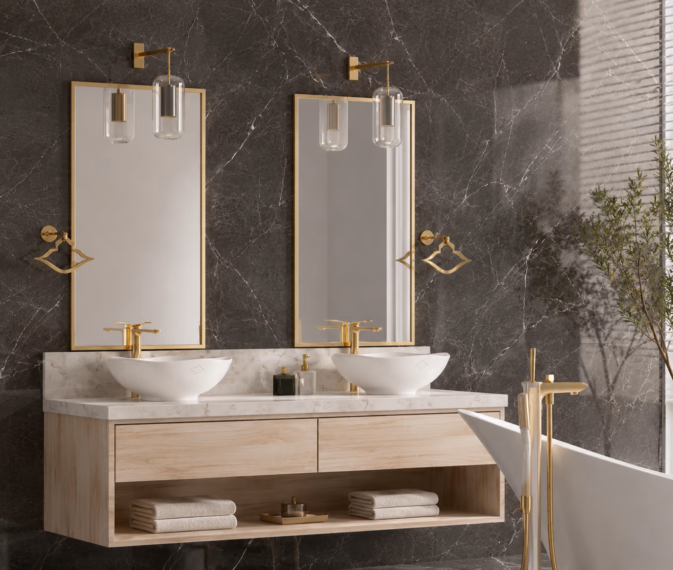 Double vanity with two white countertop basins, gold taps and twin mirrors against a marble wall
