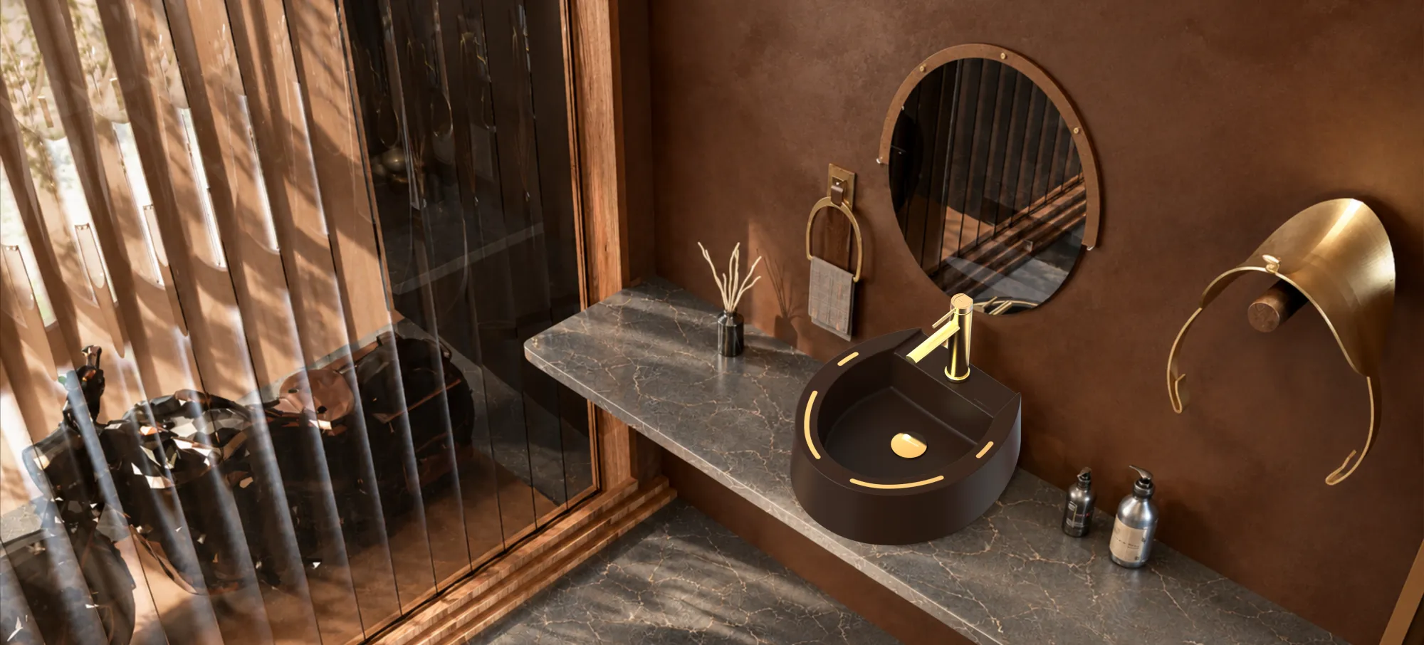 Shü basin in brown with gold inlays and a gold faucet on a marble shelf against a terracotta wall