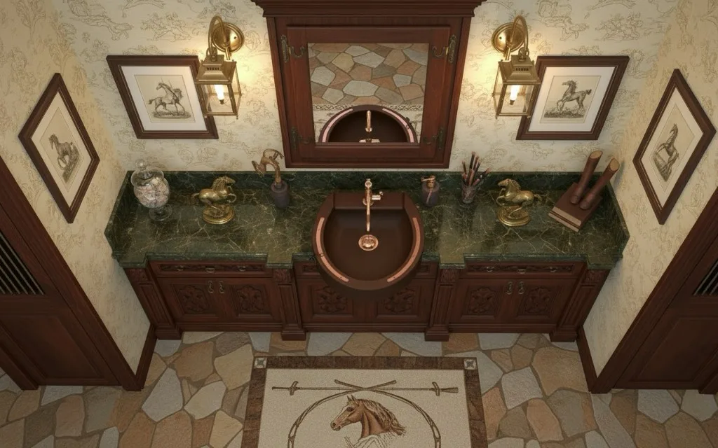 Brown Shü basin on a green marble vanity flanked by bronze horse statues, with a horse-head mosaic in the floor