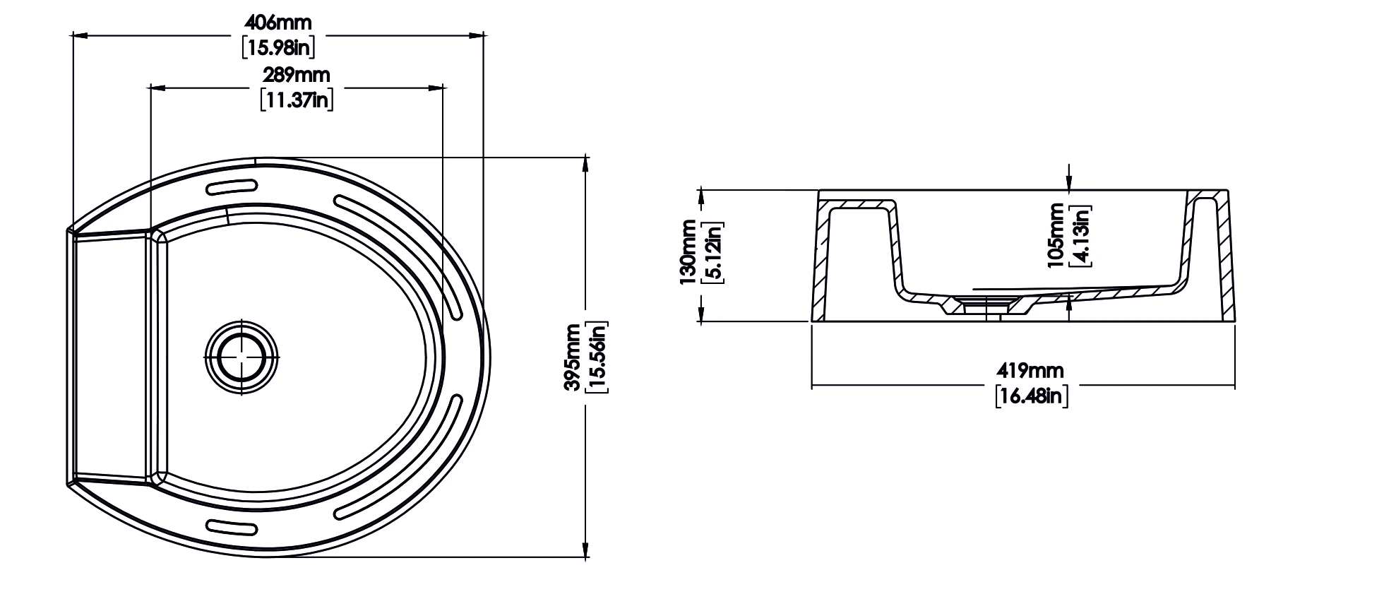 Technical line drawing of the Shü basin: top view 406 by 395 millimetres and side section 419 by 130 millimetres